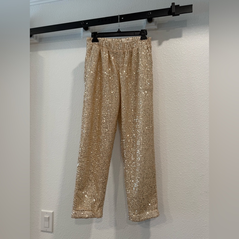 Gold sequin slacks, elastic waist and fully lined. Like new!!